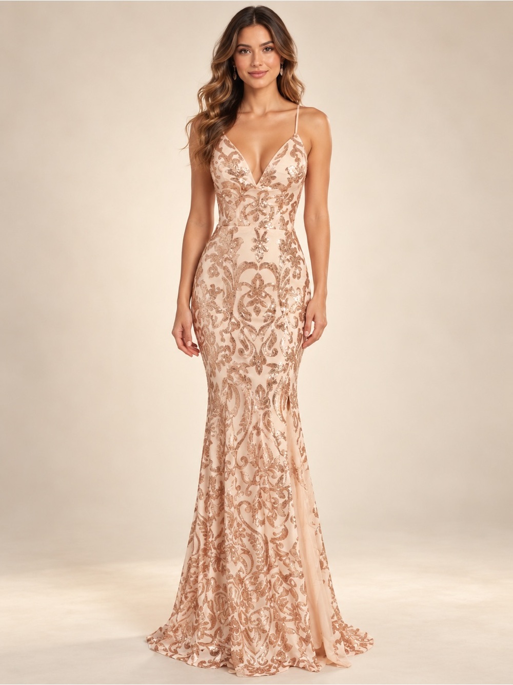 Embellished Spaghetti-Strap Mermaid Gown in Blush